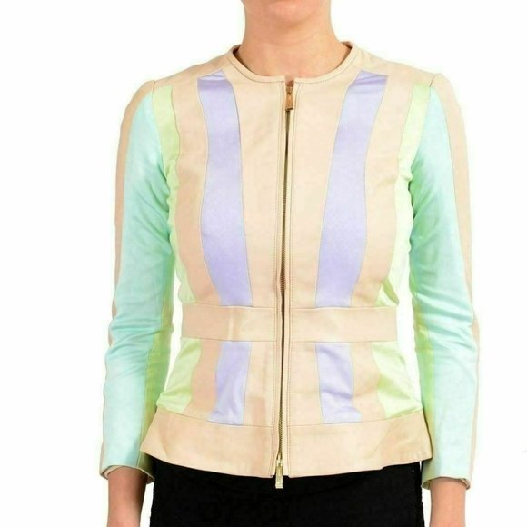 Just Cavalli 100% Leather Trim Multi-Color Women's Basic Jacket US S IT 40